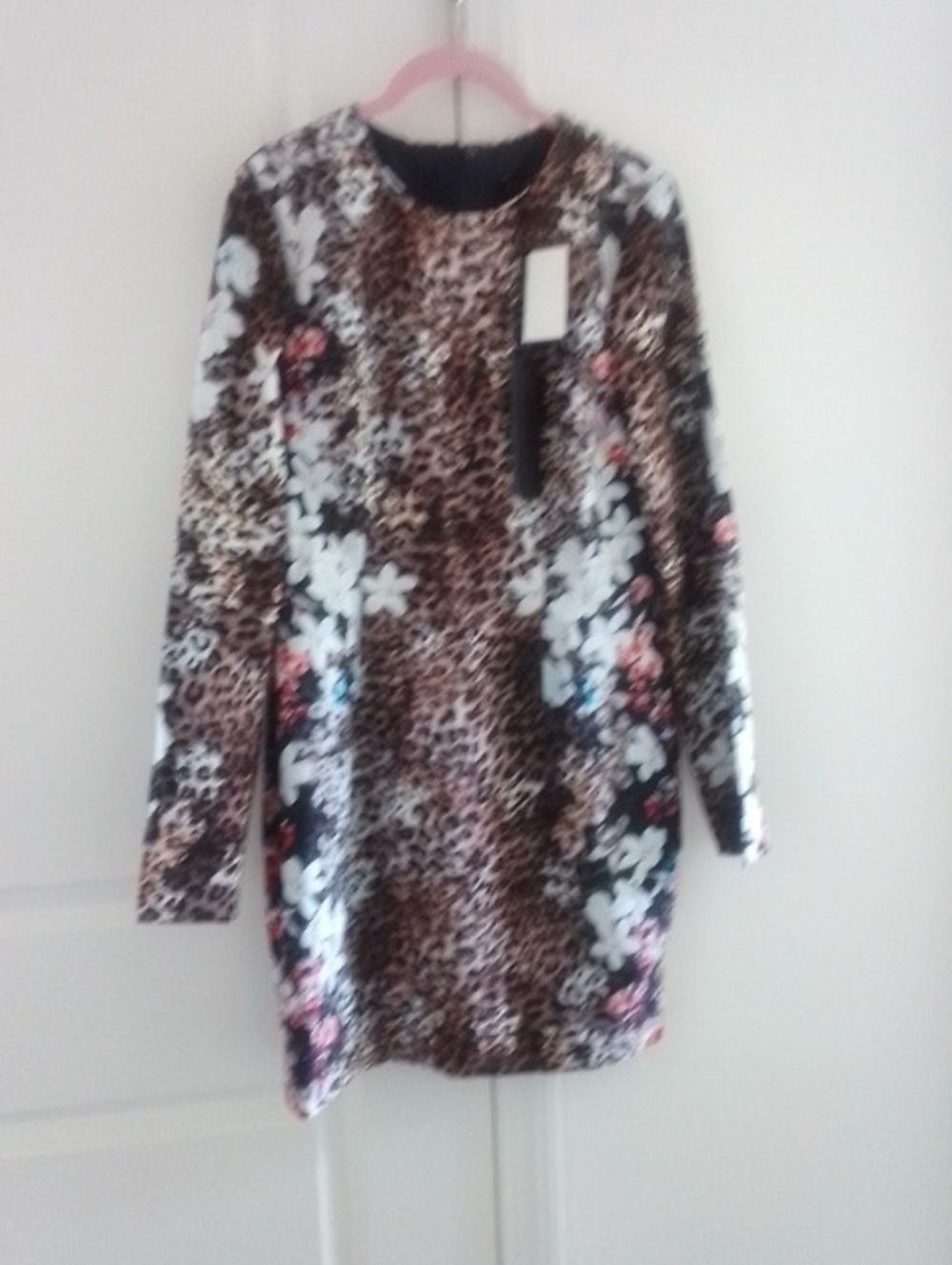 Black Halo Leopard Print Long Sleeve Shift Dress with Floral Panels